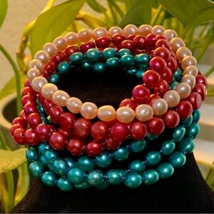 Honora Collection Pearl Bracelet Bundle: 3 Red, 3 Blue, & 1 Pink-tinted Cream